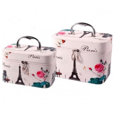 Custom Eiffel Tower Digital Printed PU Metal Handle  Mirror Brush Handy Cosmetic Bag Makeup Vanity Box