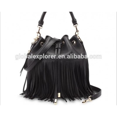 fashion trends genuine leather ladies bag bucket round tassel fringe handbag