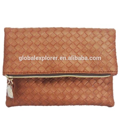 brown weaved folded envelope clutch evening bag