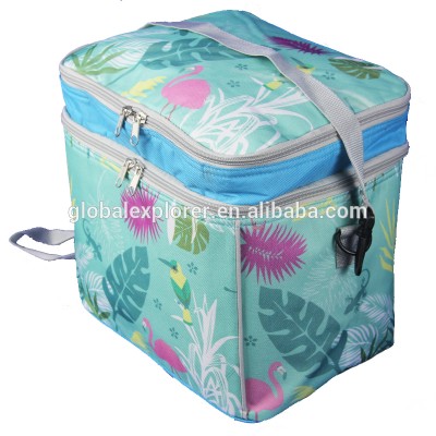 high quality printed 600D cooler bag with 2 compartment ice bag with PP webbing shoulder strap